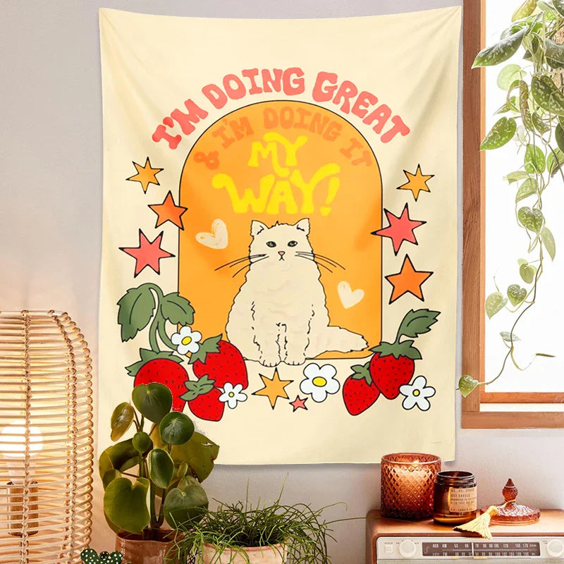 Afralia™ Cute Cat Star Strawberry Tapestry Wall Hanging for Boho Home Decor