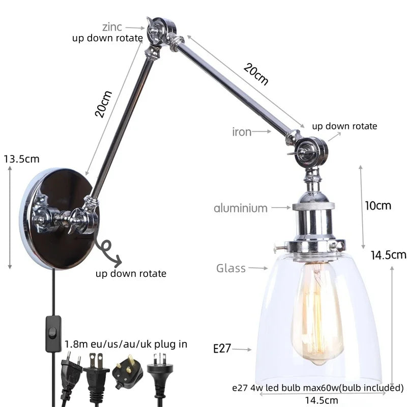 Afralia™ Chrome Industrial LED Wall Sconce Swing Arm Clear Glass Lamp