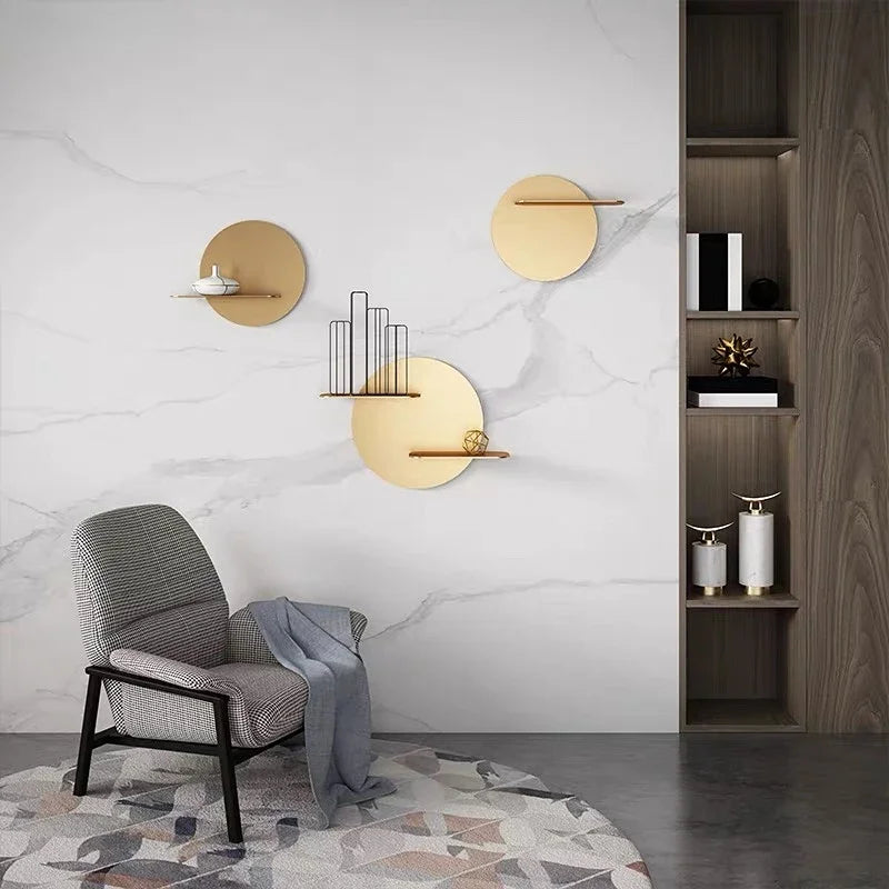 Afralia™ Gold Metal Round Wall Storage Shelf with Hooks