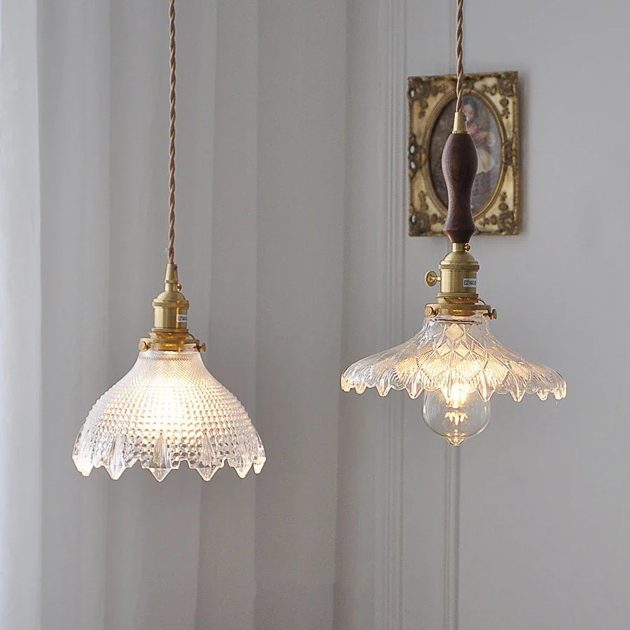 Afralia™ Green Glass LED Pendant Lamp with Copper Wood Handle for Modern Nordic Home Decor