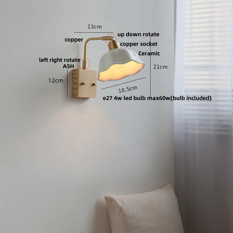 Afralia™ Nordic LED Wall Light Pull Chain Switch Rotatable Walnut Copper Bedside Lamp