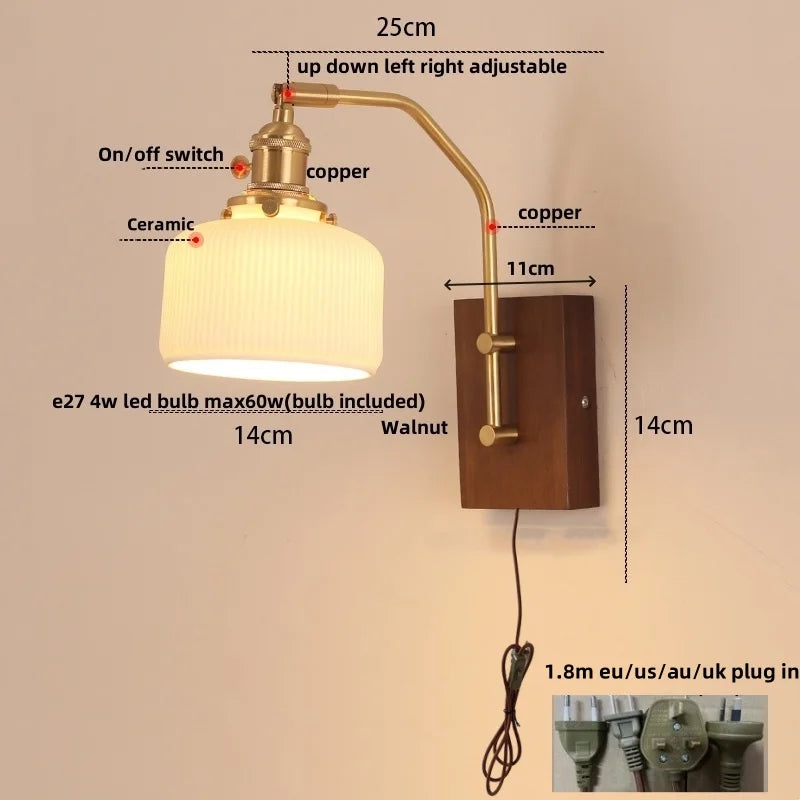 Afralia™ Walnut Wood LED Wall Light Glass Pull Chain Switch Nordic Modern Bedroom Lamp