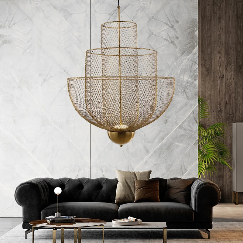 Afralia™ Gold Mesh Grid Ceiling Chandelier: Dimmable LED Indoor Lighting