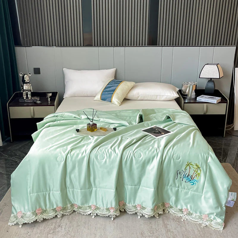 Afralia™ Lace Edge Flowers Embroidery Cool Blanket for Bed - Machine Washable Summer Quilt
