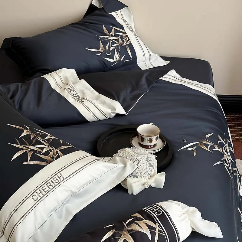 Afralia™ Bamboo Embroidery 1000TC Egyptian Cotton Bedding Set in Luxury Dark Blue