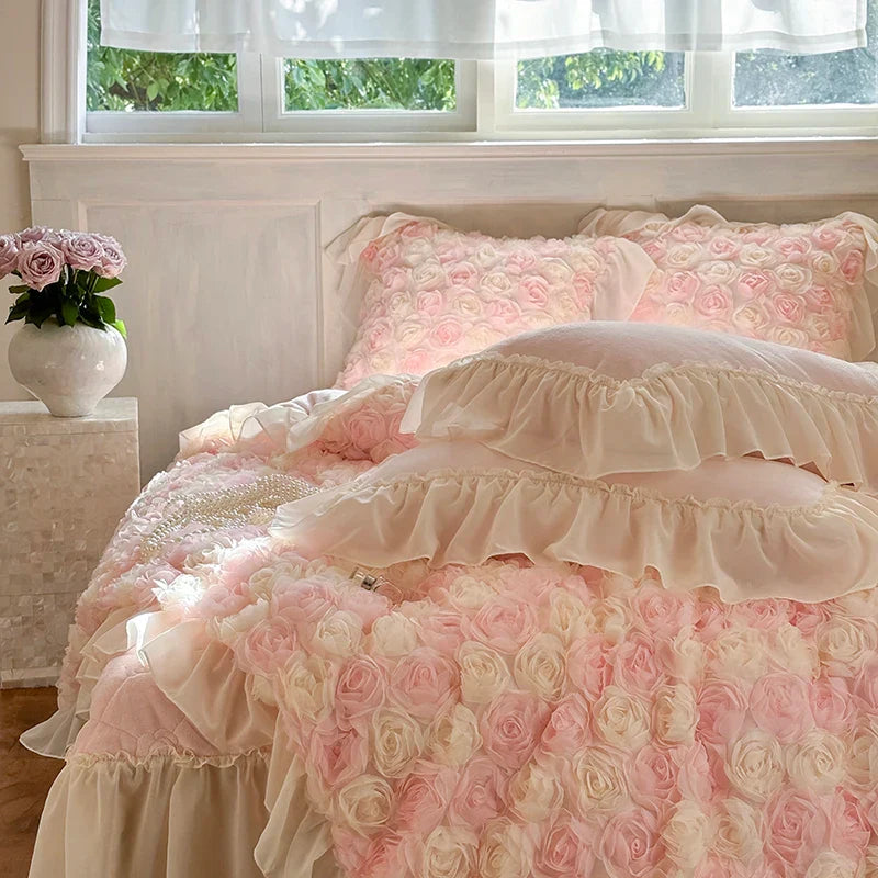 Afralia™ Luxe Rose Lace Ruffles Princess Bedding Set - 4Pcs