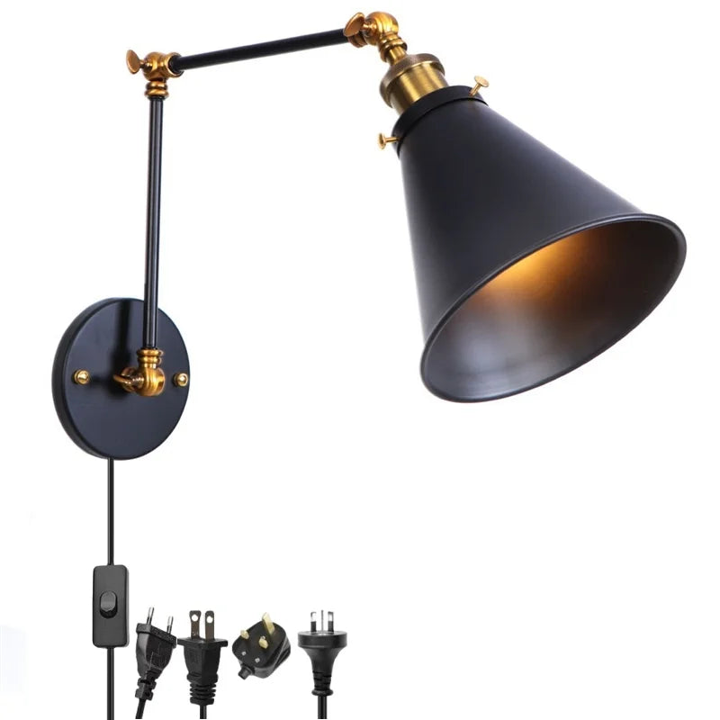 Afralia™ Retro LED Swing Arm Wall Sconce Black Industrial Vintage Lamp