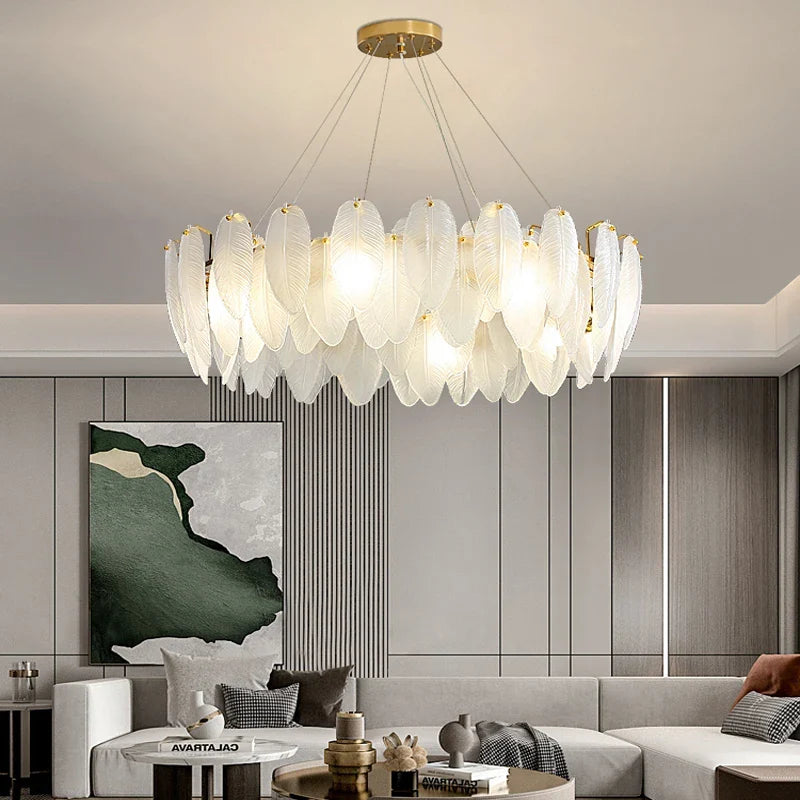 Afralia™ Gold Feather Chandelier LED Pendant Light for Home Decor