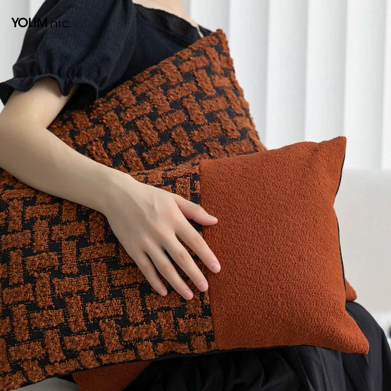 Afralia™ Caramel Color Velvet Sofa Pillowcase with Geometric Panelled Cushion Cover