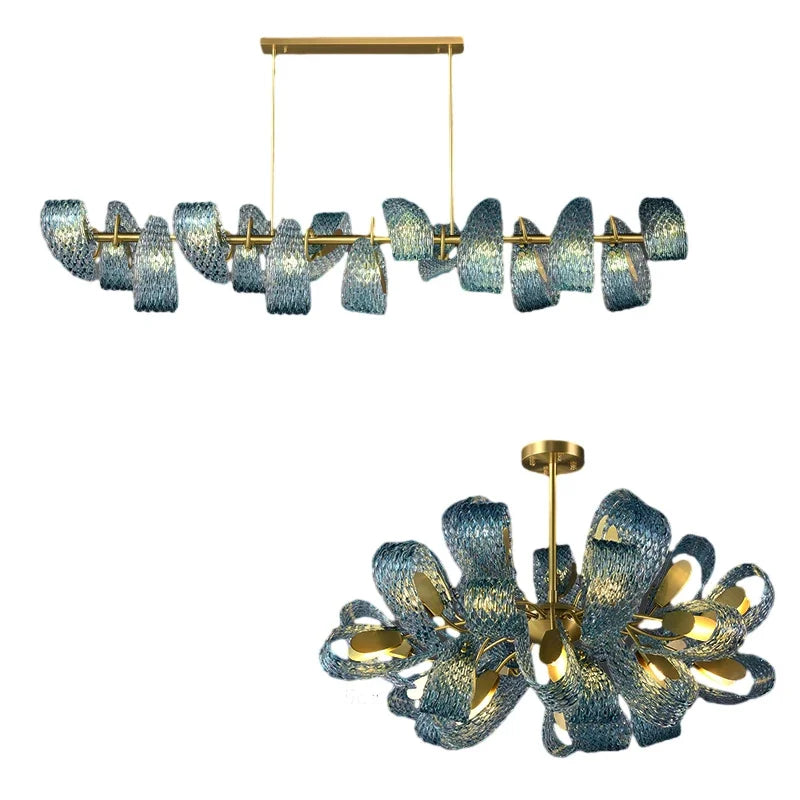 Afralia™ Peacock Blue Glass Ceiling Chandelier for Dining Room - LED Luxury Glass Pendant Fixture