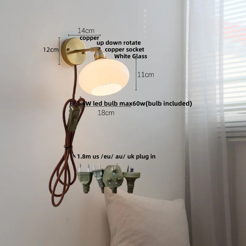 Afralia™ White Glass LED Wall Sconce Pull Chain Switch Stair Light
