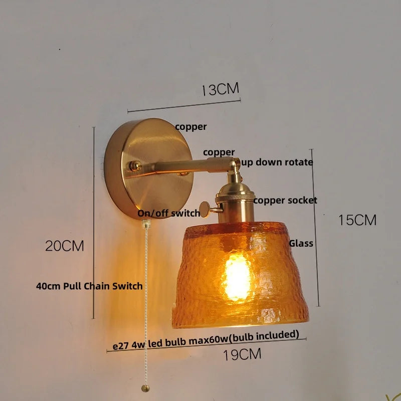 Afralia™ Clear Glass LED Wall Lights Brass E27 Pull Chain Switch Bedside Lamp