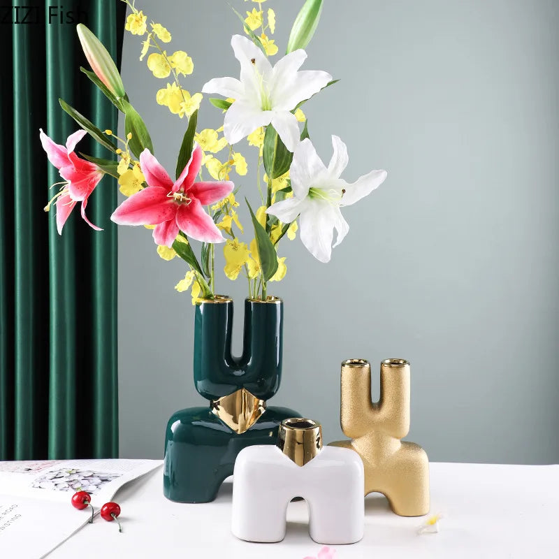 Afralia™ Gold Geometry Ceramic Vase Desk Decoration Modern Floral Room Decor Vase