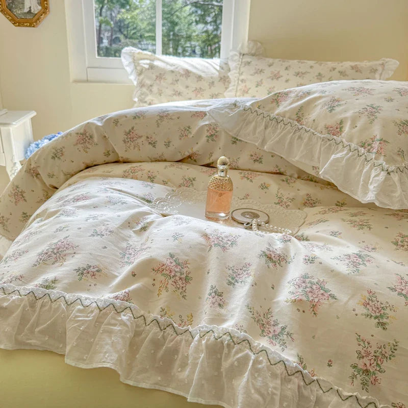 Afralia™ Floral Lace Ruffle Cotton Bedding Set with Quilt Cover, Duvet Cover, and Pillowcases