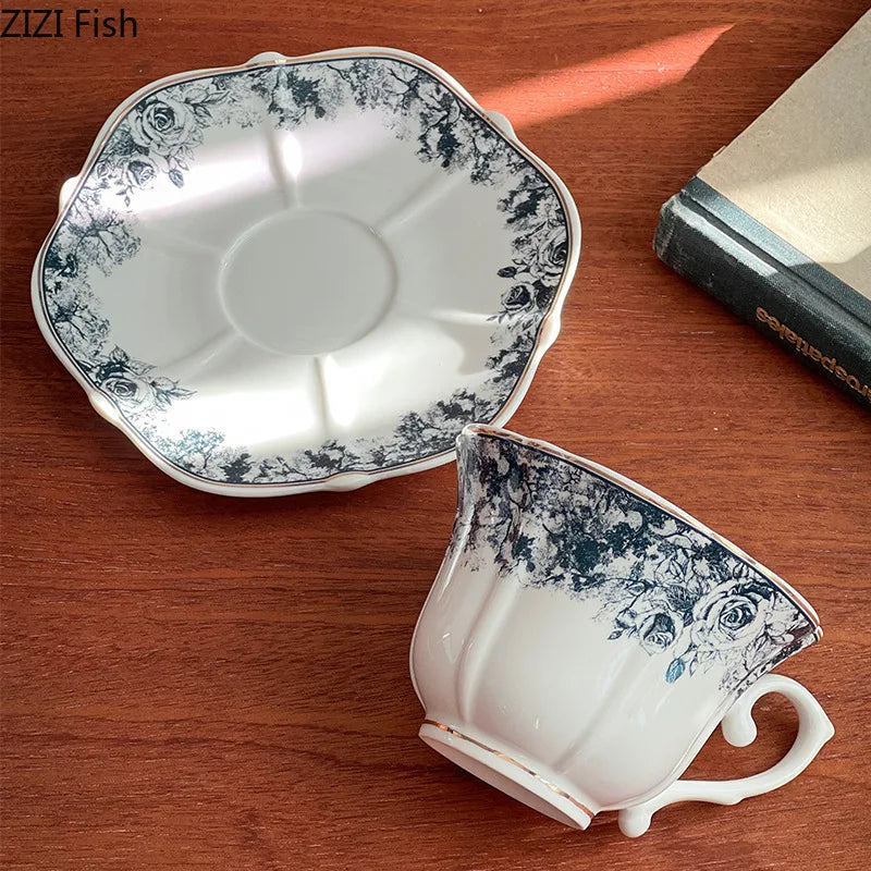 Afralia™ Grey Blue Rose Ceramic Cup & Saucer Set, Classical Mugs for Dining Table and Coffee Mug