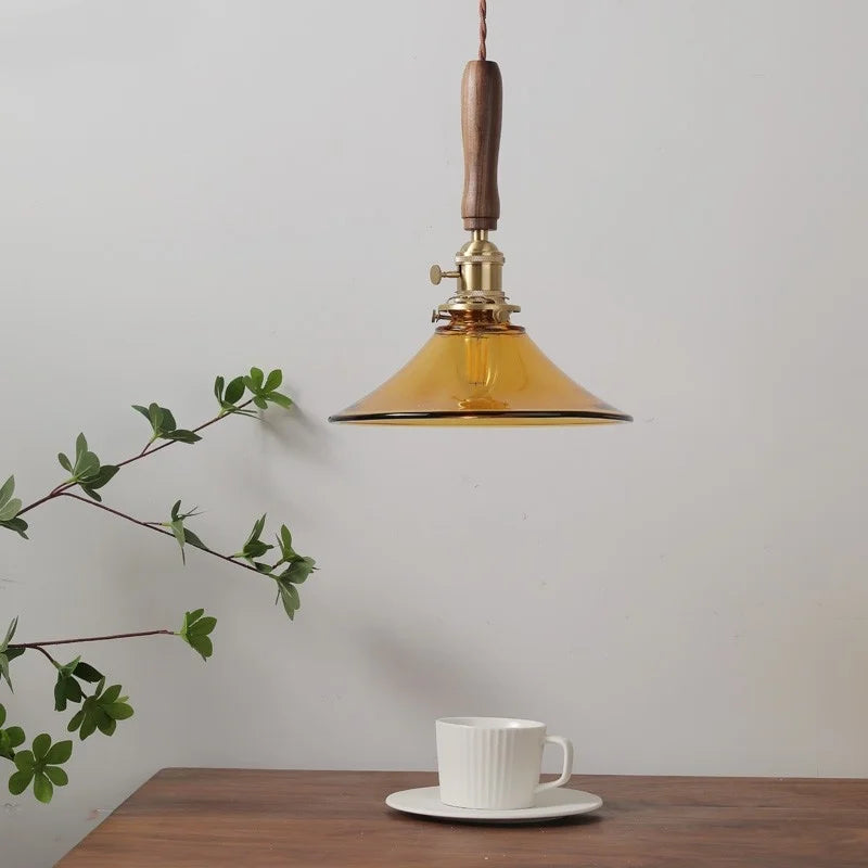 Afralia™ Amber Glass LED Pendant Light with Walnut Handle for Dining Living Room