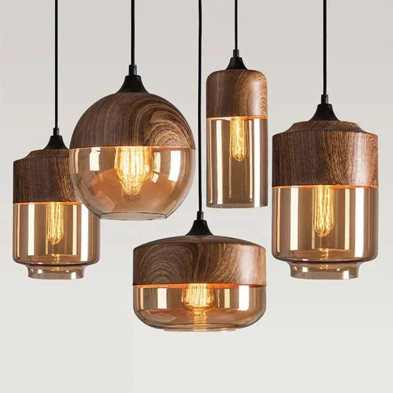 Afralia™ Glass Wood Chandelier LED Pendant Light Fixture for Living Dining Bedroom
