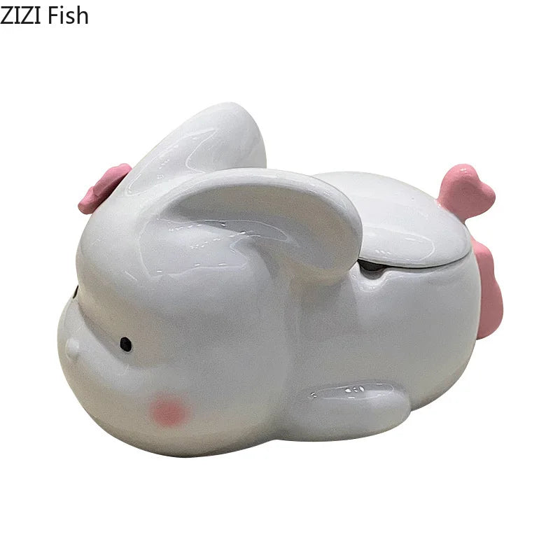 Afralia™ Pink Rabbit Ceramic Ashtray with Lid - Creative Cartoon Desk Decoration