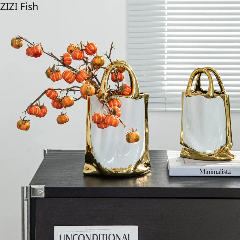 Afralia™ Handbag Ceramic Vase Gold-plated Table Decoration Flowers Room Decor