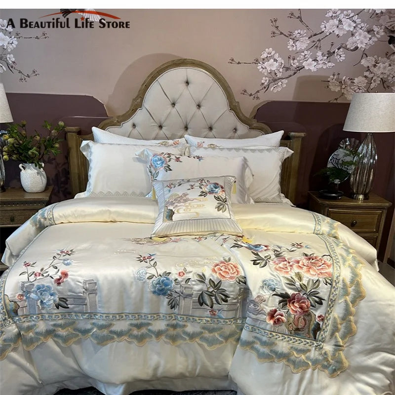 Afralia™ Luxe Peony Embroidered Bedding Set with Egyptian Cotton, Duvet Cover, Sheet, Pillowcase