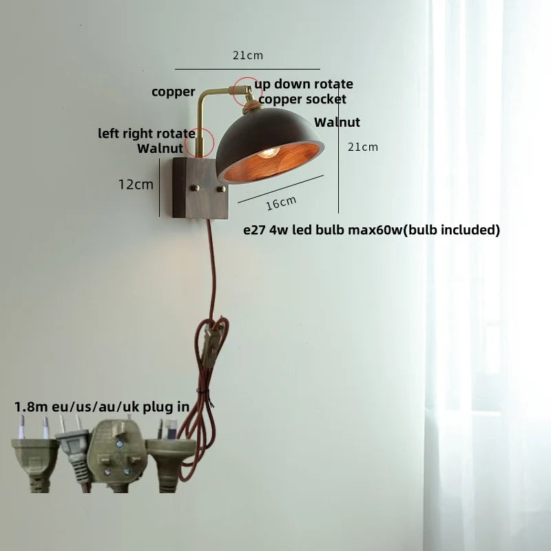 Afralia™ Walnut Wood LED Wall Sconce, Copper Toggle Switch, Vintage Loft Style