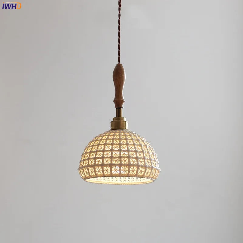 Afralia™ Ceramic LED Pendant Lights with Vintage Ash Wood Handle for Home Decor