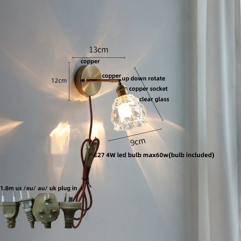 Afralia™ Tiffany Blue Glass LED Wall Sconce Rotate Copper Pull Chain Switch Light
