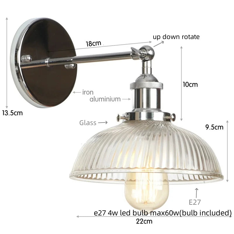 Afralia™ Black LED Wall Lamp Vintage Style Iron Bedside Light Glass Wall Sconce