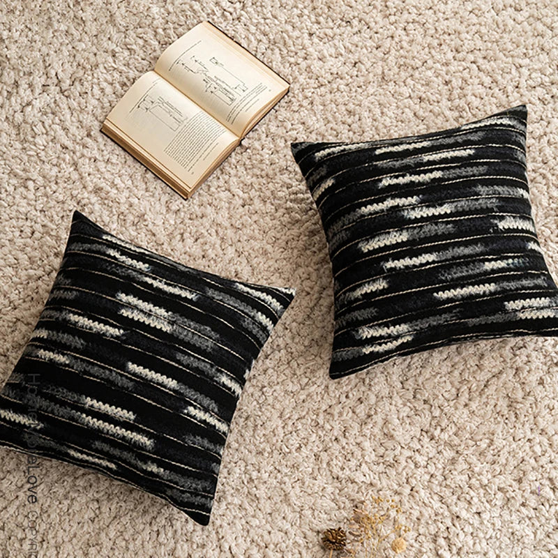 Afralia™ Plush Striped Woolen Cushion Cover in Black Gray White for Sofa