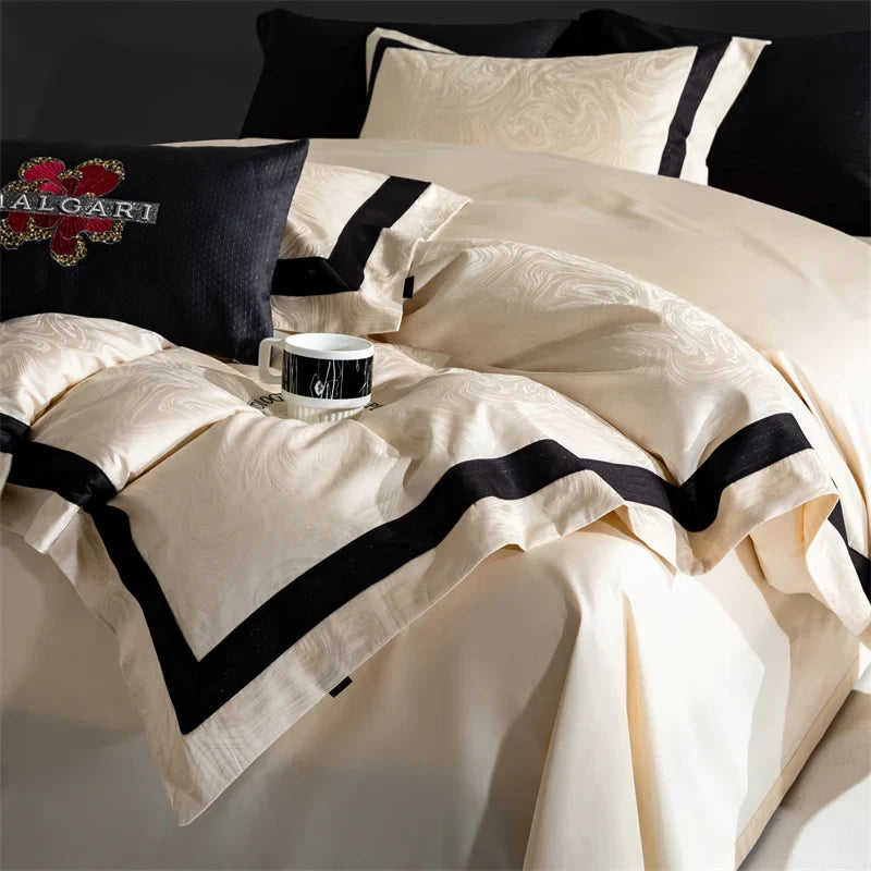Afralia™ Champagne Gold Satin Jacquard Cotton Bedding Set - 4Pcs