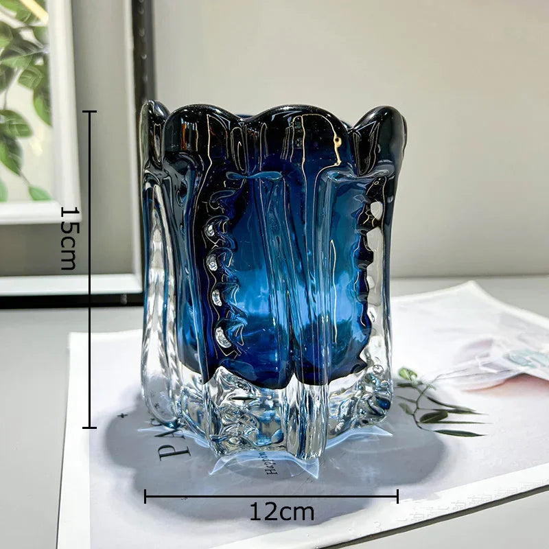 Afralia™ Forest Green Glass Vase Wrinkled Flower Pots Desk Decoration Aesthetic Floral Vases