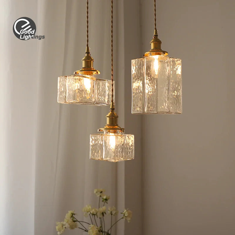 Afralia™ Retro Glass Bedside Pendant Light - Small Copper Hanging Lamp for Home Décor