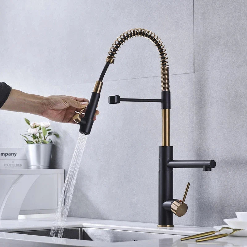 Afralia™ Brushed Gold Kitchen Faucet with Pull Down Spring Spout for Hot Cold Water