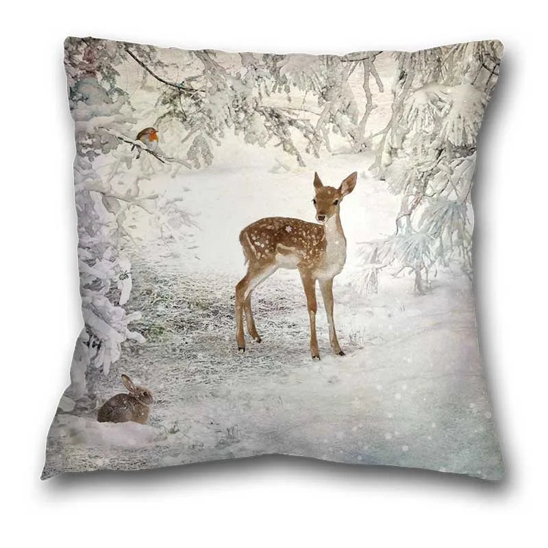 Afralia™ Snow Forest Deer Xmas Pillow Case | Home Sofa Decor Short Plush Cover