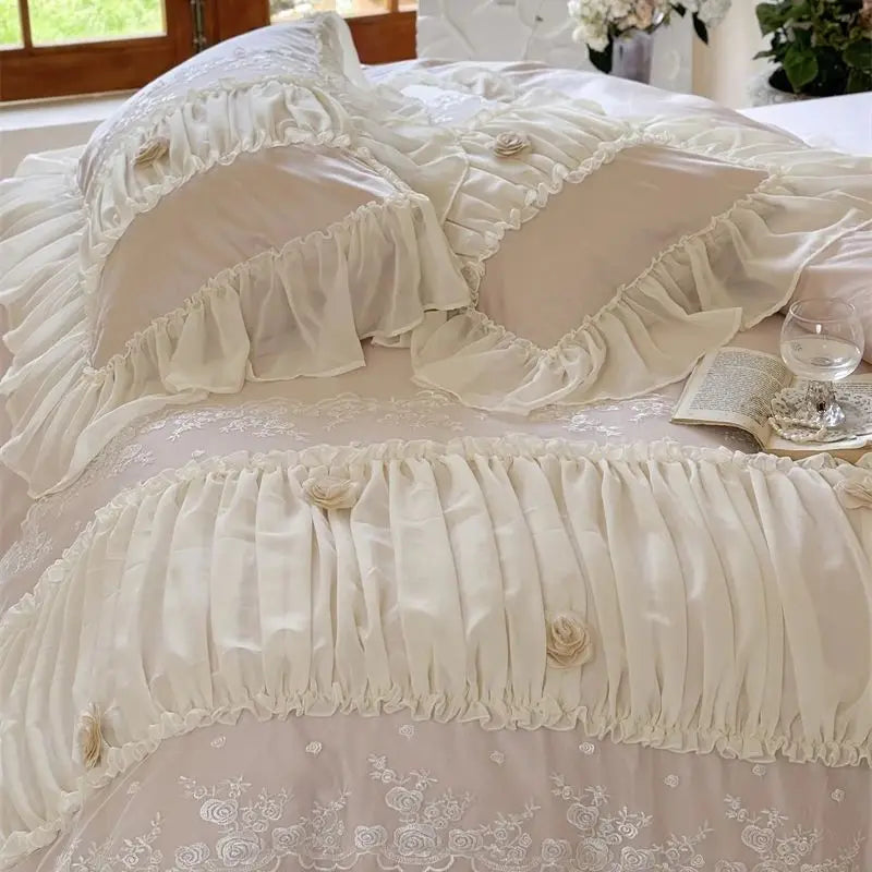 Afralia™ Rose Lace Ruffles Princess Wedding Bedding Set with 1000TC Egyptian Cotton
