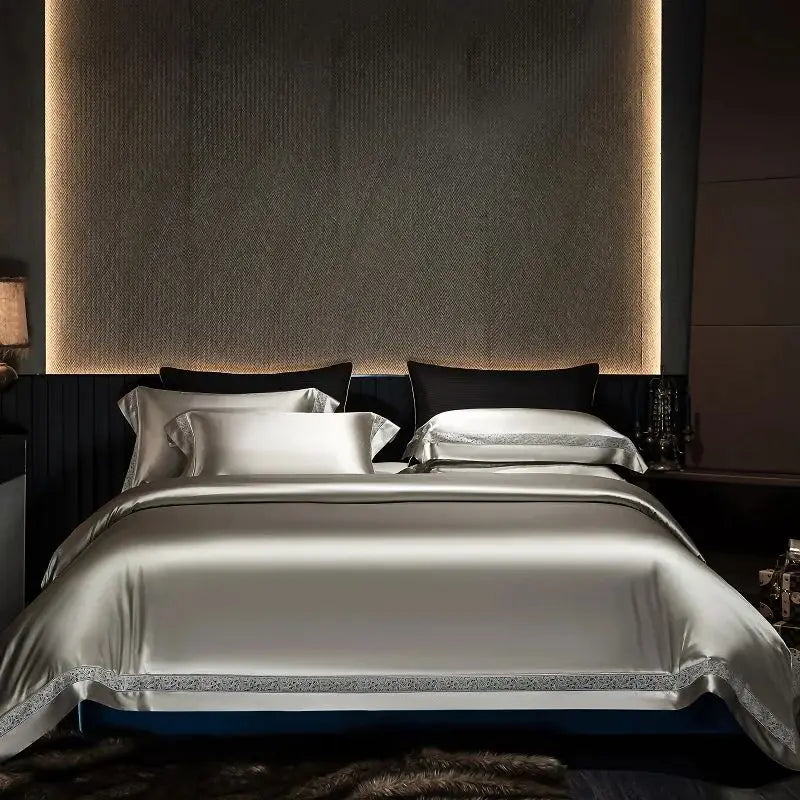 Afralia™ Luxe Silk Cotton Hollow Wide Edge Bedding Set: Duvet Cover, Flat/Fitted Sheet, Pillowcases