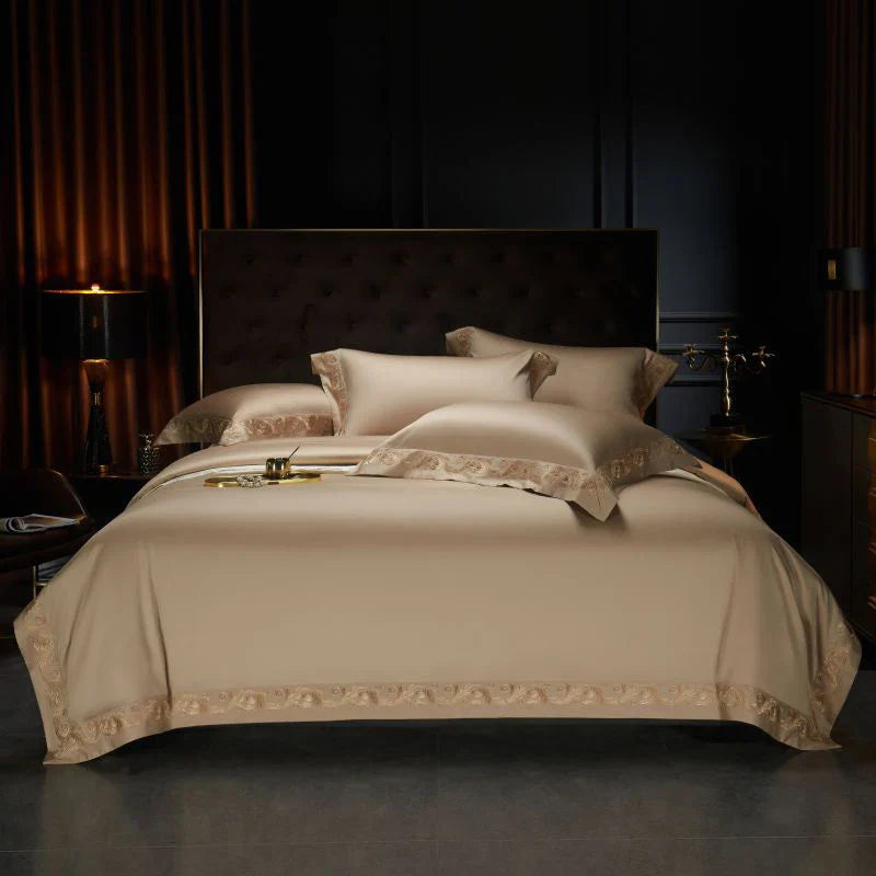 Afralia™ Luxe Gold Embroidery 1400TC Egyptian Cotton Queen King Bedding Set