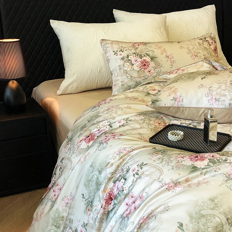 Afralia™ 1000TC Vintage Flowers Print Bedding Set with Duvet Cover, Sheet, Pillowcases