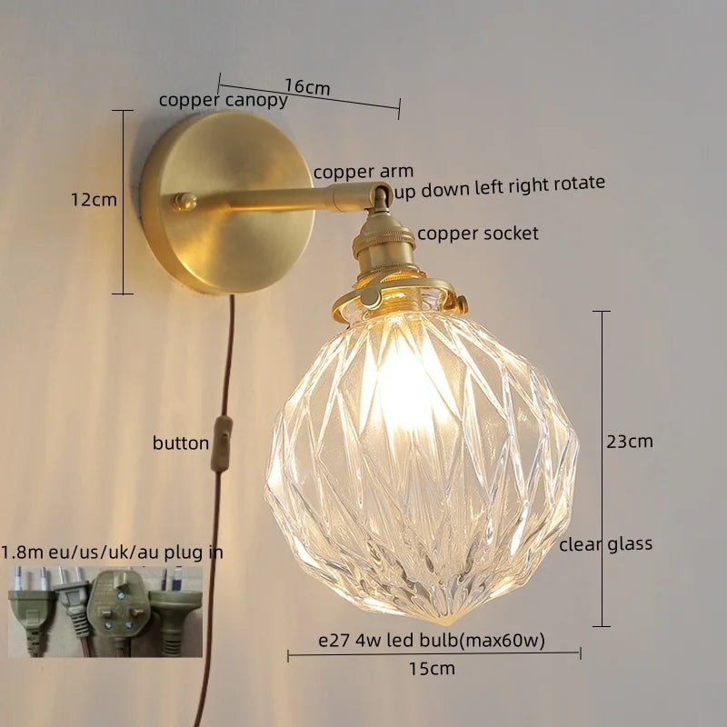 Afralia™ Copper Glass Knob Switch LED Wall Light, Nordic Modern Bedside Lamp