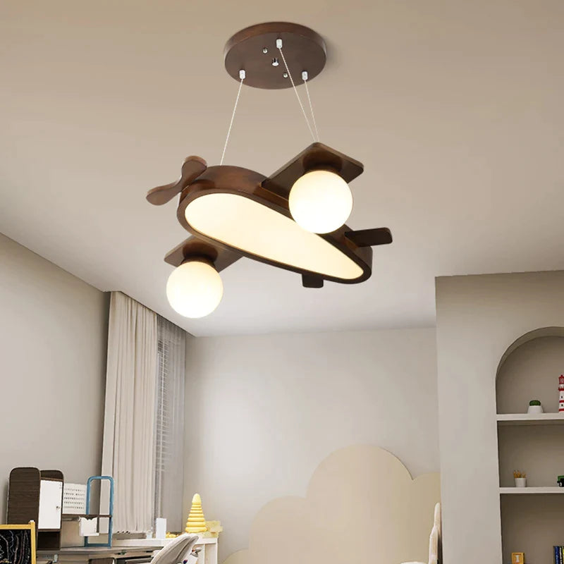 Afralia™ Wooden Airplane LED Pendant Light for Kids' Room - Walnut Color 32W