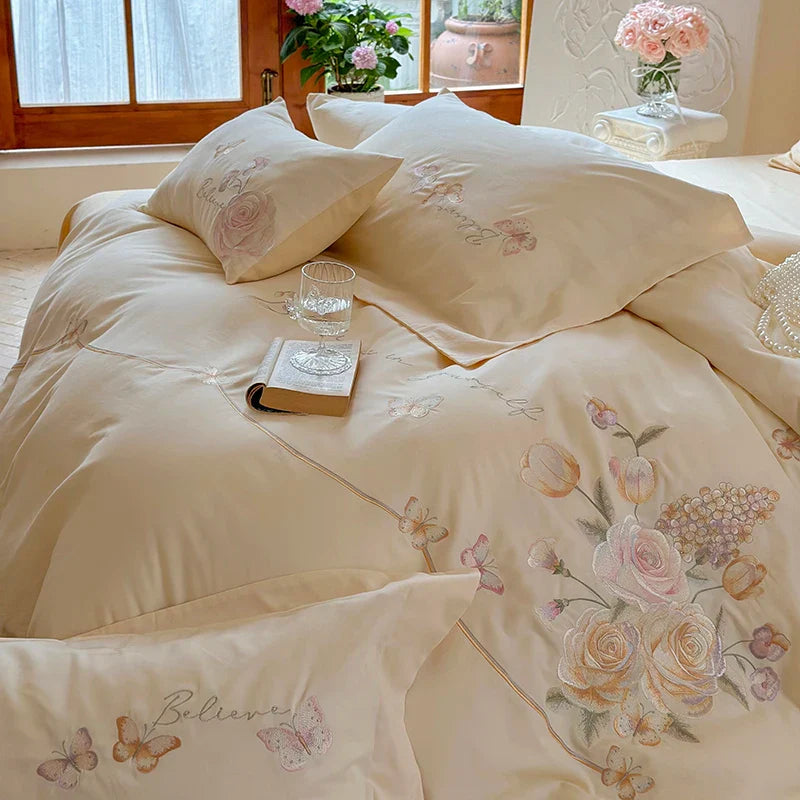 Afralia™ Rose Flowers Embroidery Cotton Bedding Set - Single Queen King Size