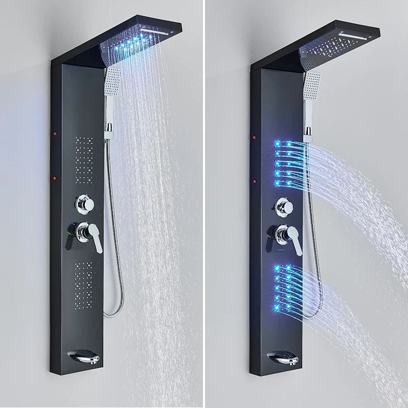 Afralia™ Black LED Shower Faucet Panel with Waterfall Rain System & Massage Spa Spout
