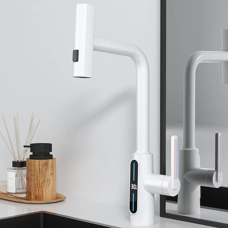 Afralia™ Brass Kitchen Faucet Pull Out Mixer Tap in White Gray