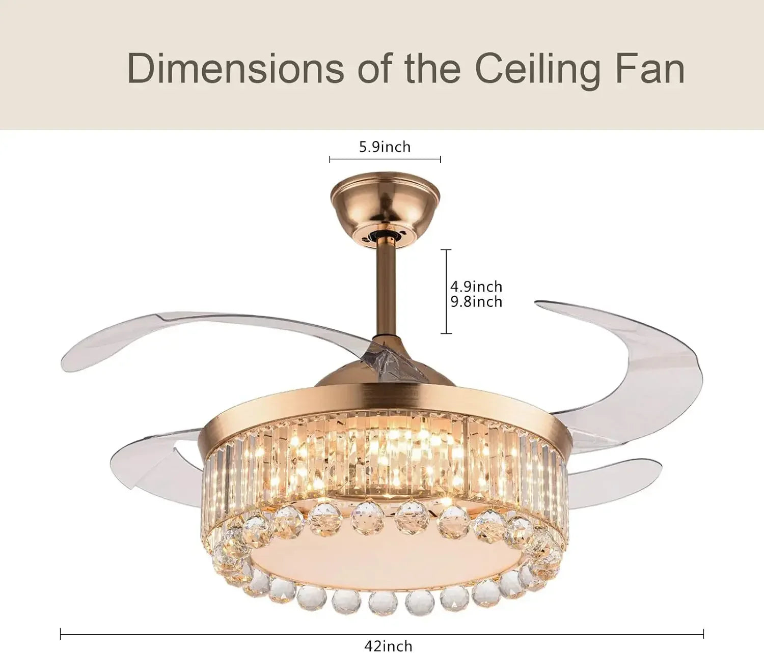 Afralia™ Gold Crystal Ceiling Fan Lights with Remote Control and Retractable Blade