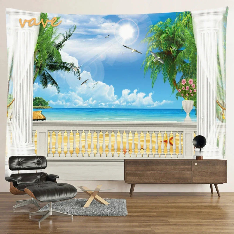 Scenic Sunset Palm Tree Tapestry by Afralia™ - Boho Beach Landscape Bedroom Decor