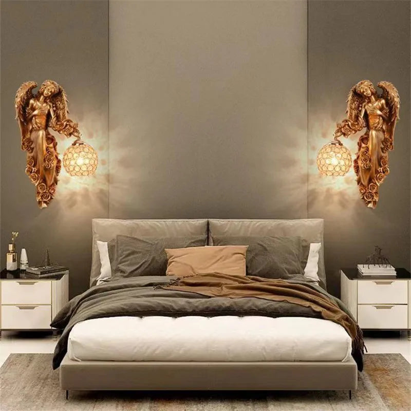 Afralia™ Angel Indoor Wall Light LED Gold Resin Sconce for Home Decor