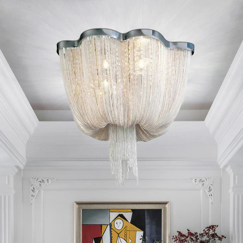 Afralia™ Chrome Art Luxury Chain Tassel LED Ceiling Lamp