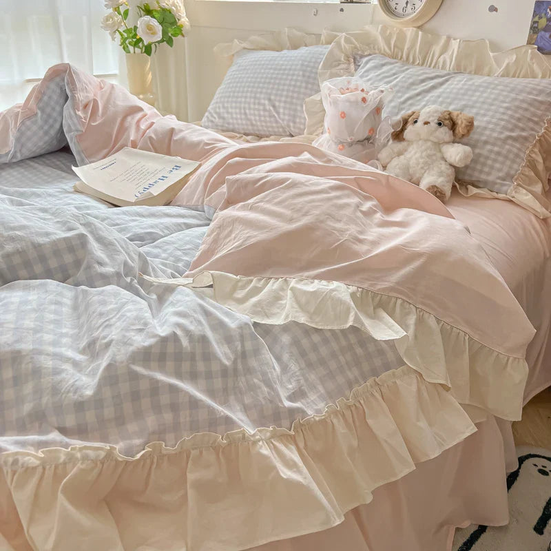 Afralia™ Korean Princess Style Cotton Bedding Set with Ruffles and Lace