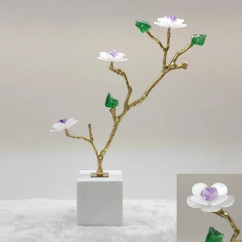 Afralia™ Crystal Flower Tree Sculpture: Golden Branches with Marble Base