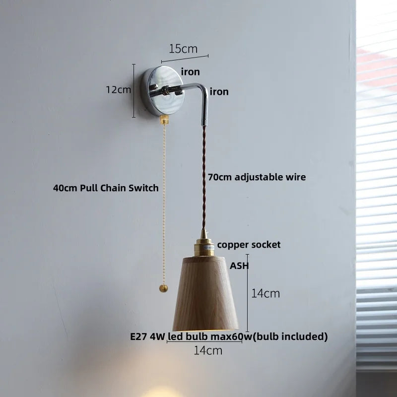 Afralia™ Ash Wood LED Wall Light with Pull Chain Switch, Japanese Style Bedside Lamp